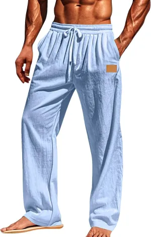 Men's Casual Linen Beach Pants Cotton Drawstring Strectch Trousers Lightweight Straight Leg Summer Casual Loose Pant