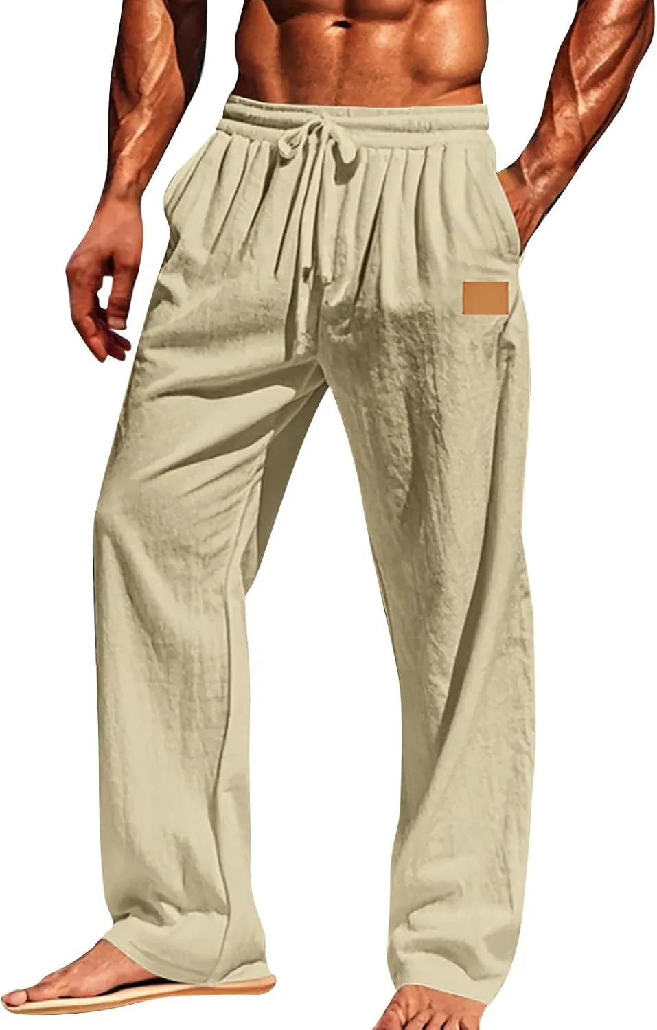 Men's Casual Linen Beach Pants Cotton Drawstring Strectch Trousers Lightweight Straight Leg Summer Casual Loose Pant