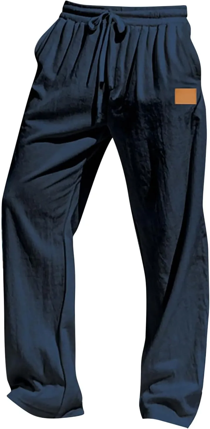 Men's Casual Linen Beach Pants Cotton Drawstring Strectch Trousers Lightweight Straight Leg Summer Casual Loose Pant