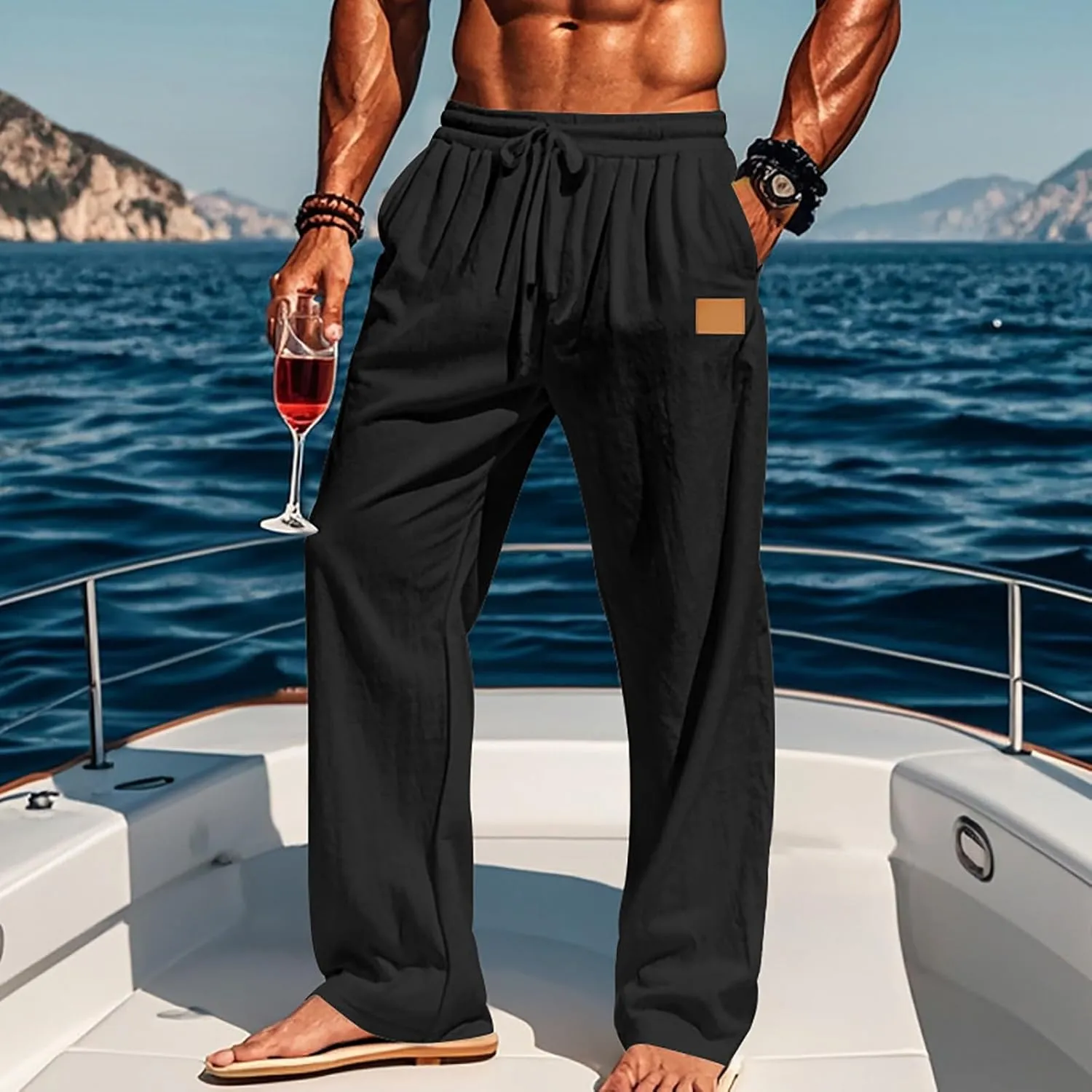 Men's Casual Linen Beach Pants Cotton Drawstring Strectch Trousers Lightweight Straight Leg Summer Casual Loose Pant