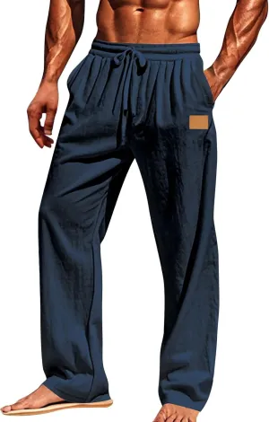 Men's Casual Linen Beach Pants Cotton Drawstring Strectch Trousers Lightweight Straight Leg Summer Casual Loose Pant