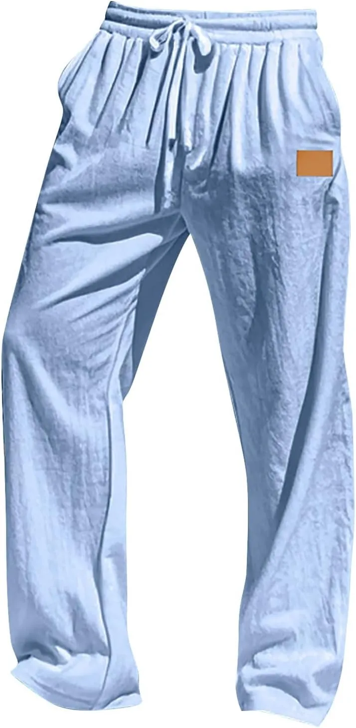 Men's Casual Linen Beach Pants Cotton Drawstring Strectch Trousers Lightweight Straight Leg Summer Casual Loose Pant