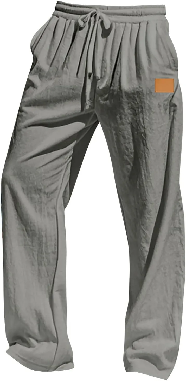 Men's Casual Linen Beach Pants Cotton Drawstring Strectch Trousers Lightweight Straight Leg Summer Casual Loose Pant