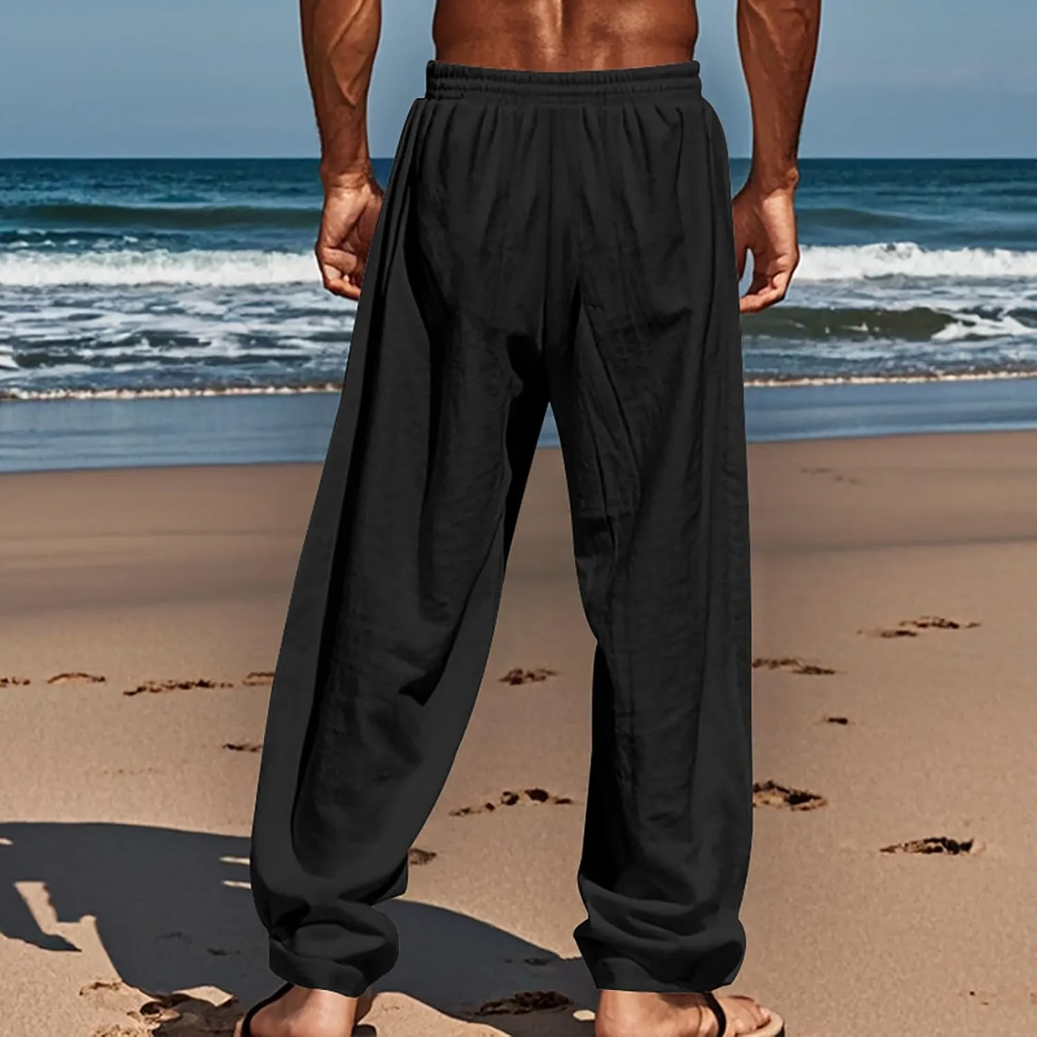 Men's Casual Linen Beach Pants Cotton Drawstring Strectch Trousers Lightweight Straight Leg Summer Casual Loose Pant