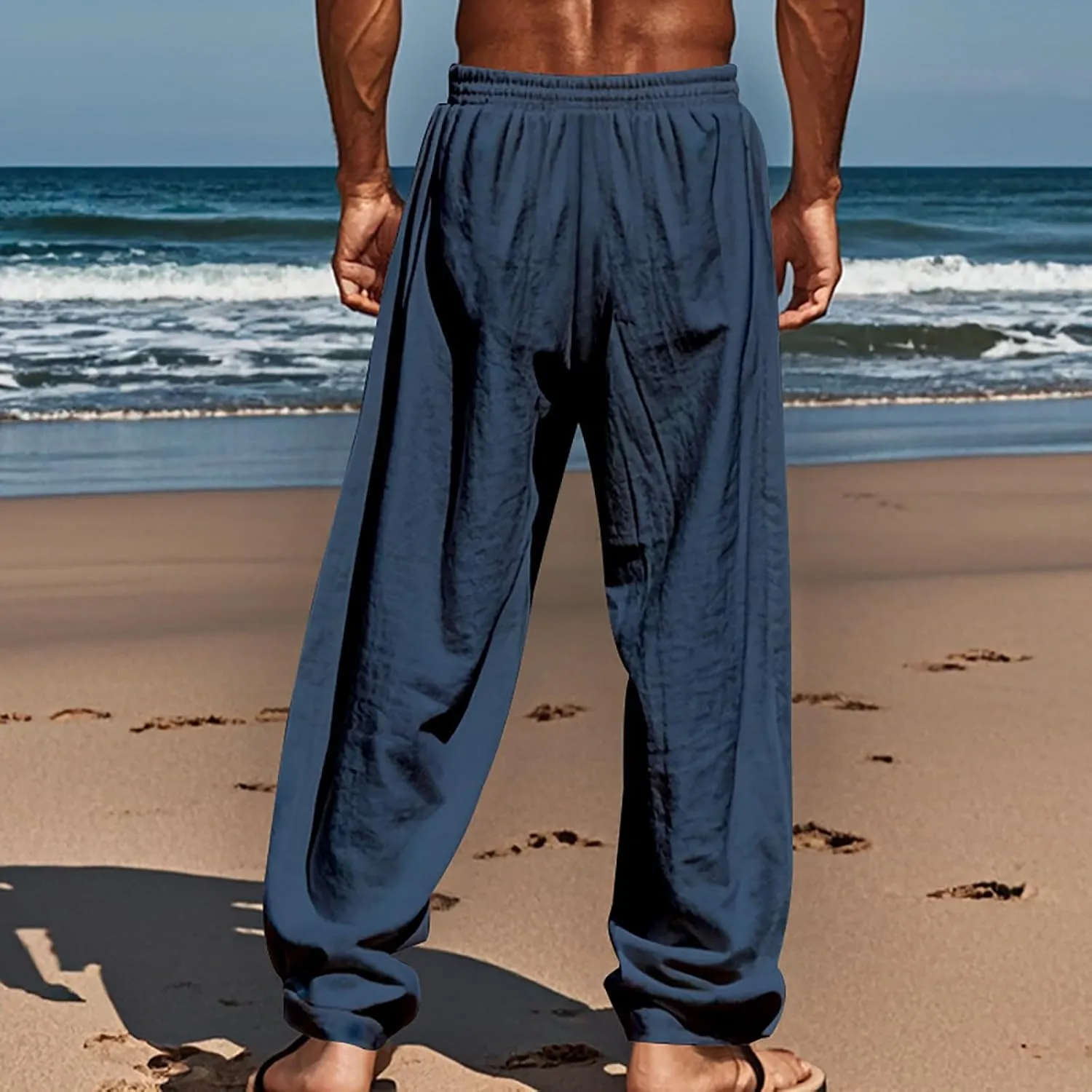 Men's Casual Linen Beach Pants Cotton Drawstring Strectch Trousers Lightweight Straight Leg Summer Casual Loose Pant