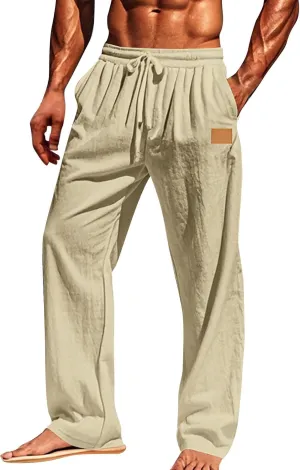 Men's Casual Linen Beach Pants Cotton Drawstring Strectch Trousers Lightweight Straight Leg Summer Casual Loose Pant