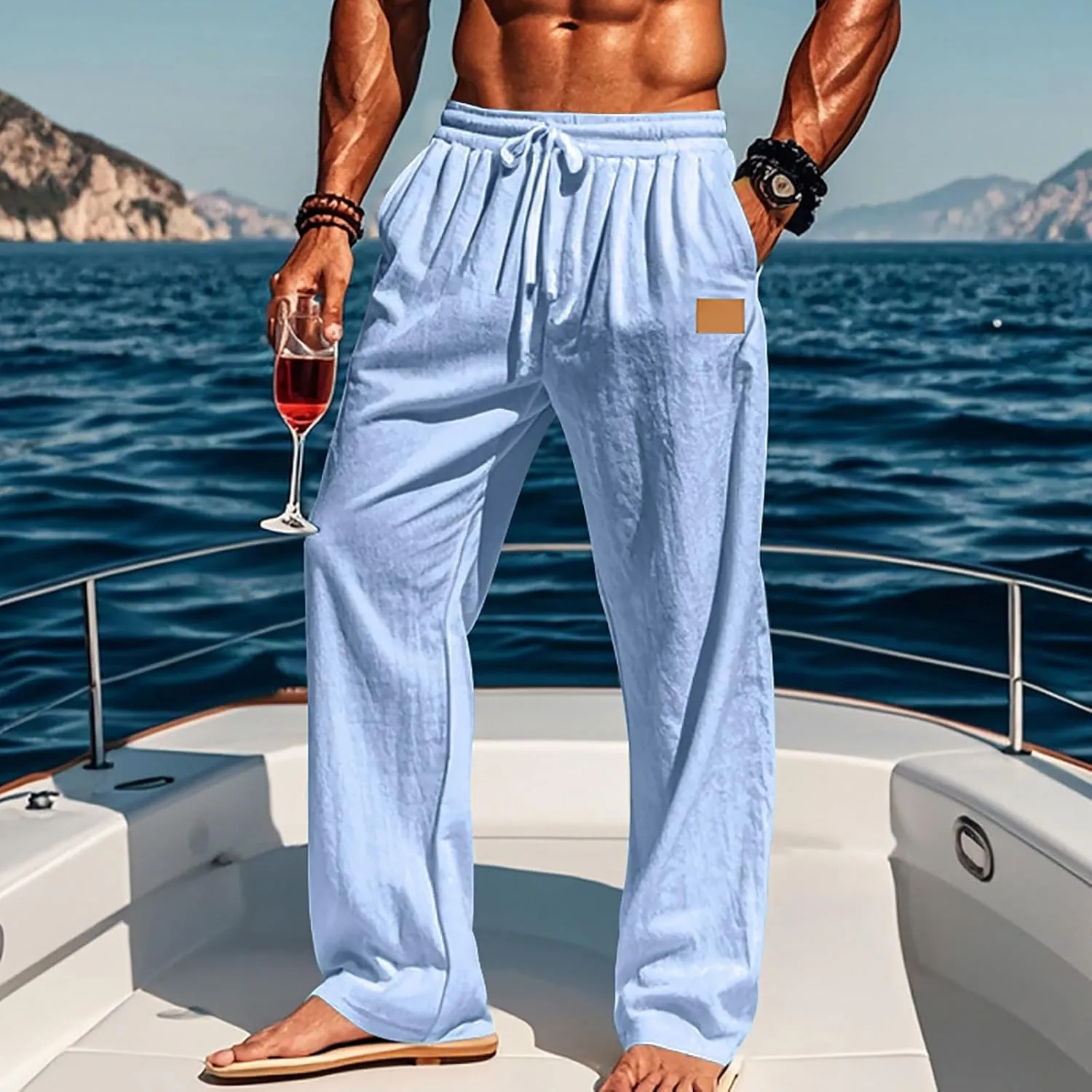 Men's Casual Linen Beach Pants Cotton Drawstring Strectch Trousers Lightweight Straight Leg Summer Casual Loose Pant