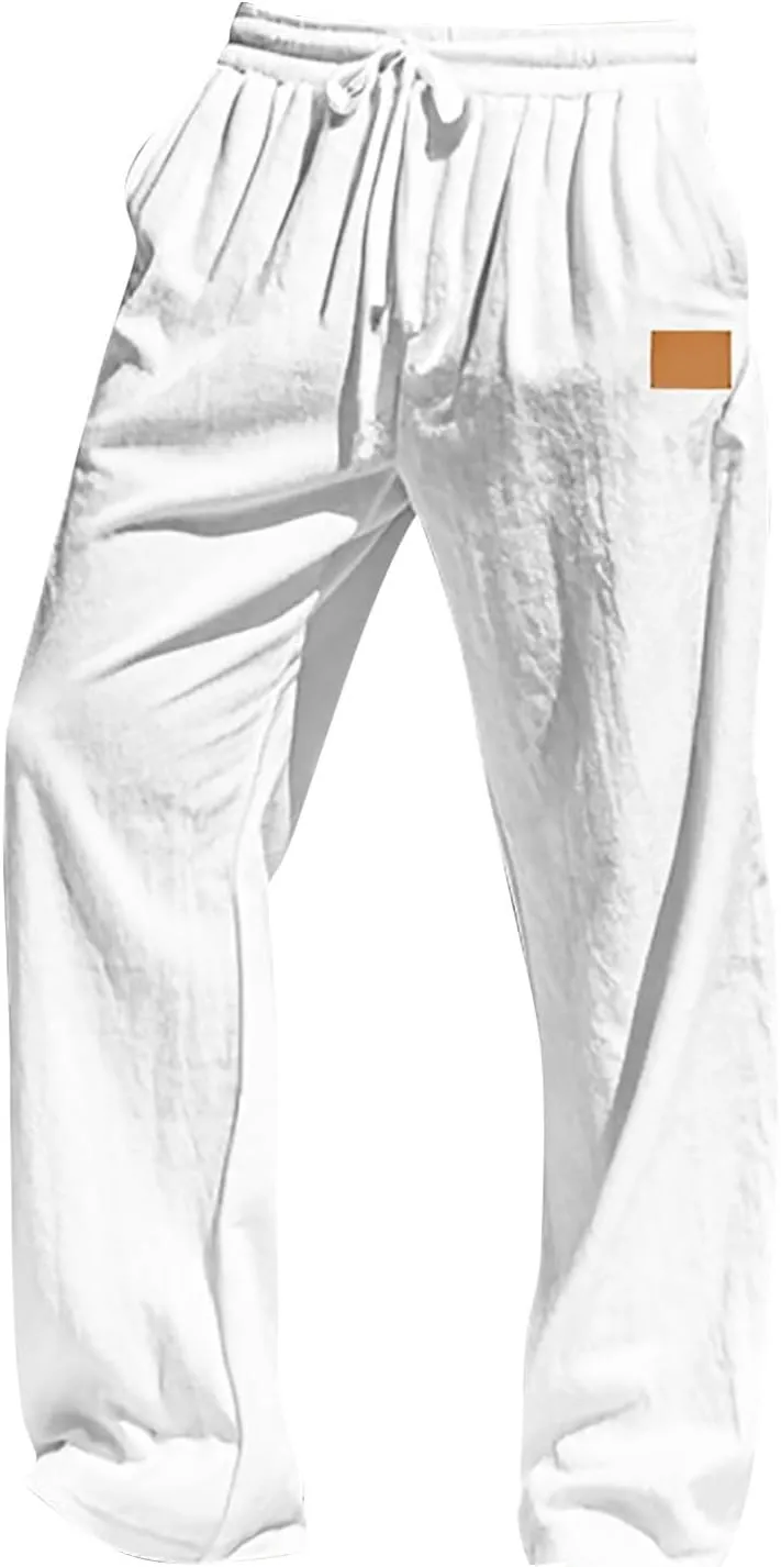 Men's Casual Linen Beach Pants Cotton Drawstring Strectch Trousers Lightweight Straight Leg Summer Casual Loose Pant