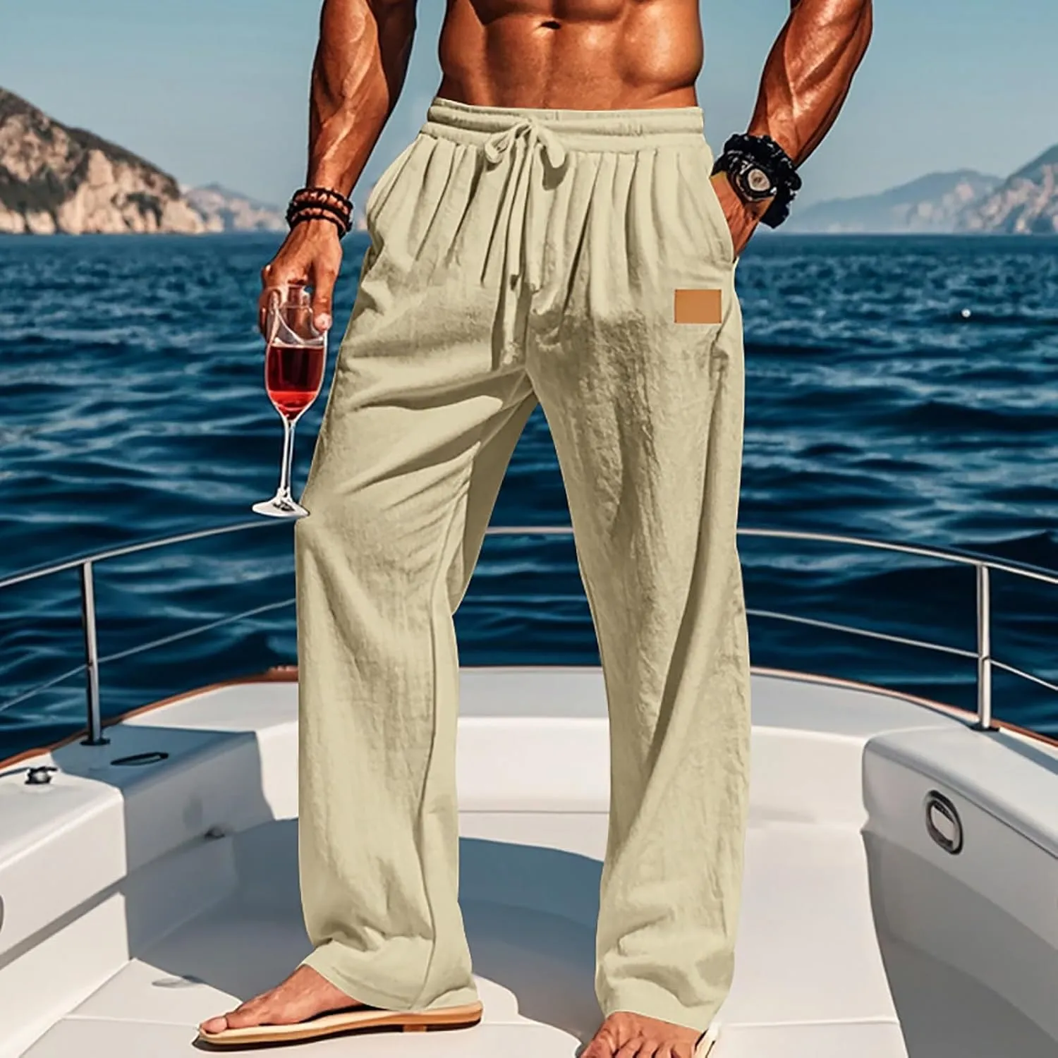 Men's Casual Linen Beach Pants Cotton Drawstring Strectch Trousers Lightweight Straight Leg Summer Casual Loose Pant