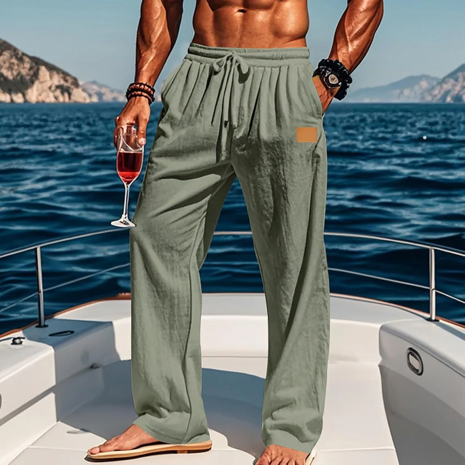 Men's Casual Linen Beach Pants Cotton Drawstring Strectch Trousers Lightweight Straight Leg Summer Casual Loose Pant