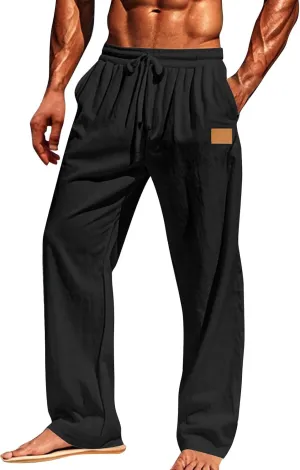 Men's Casual Linen Beach Pants Cotton Drawstring Strectch Trousers Lightweight Straight Leg Summer Casual Loose Pant