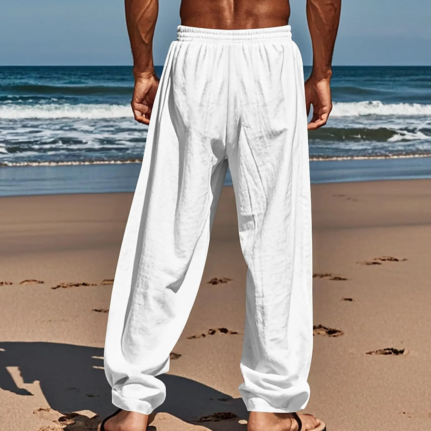 Men's Casual Linen Beach Pants Cotton Drawstring Strectch Trousers Lightweight Straight Leg Summer Casual Loose Pant