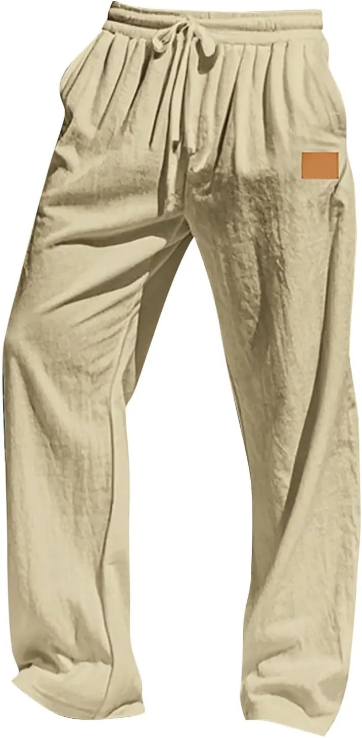 Men's Casual Linen Beach Pants Cotton Drawstring Strectch Trousers Lightweight Straight Leg Summer Casual Loose Pant