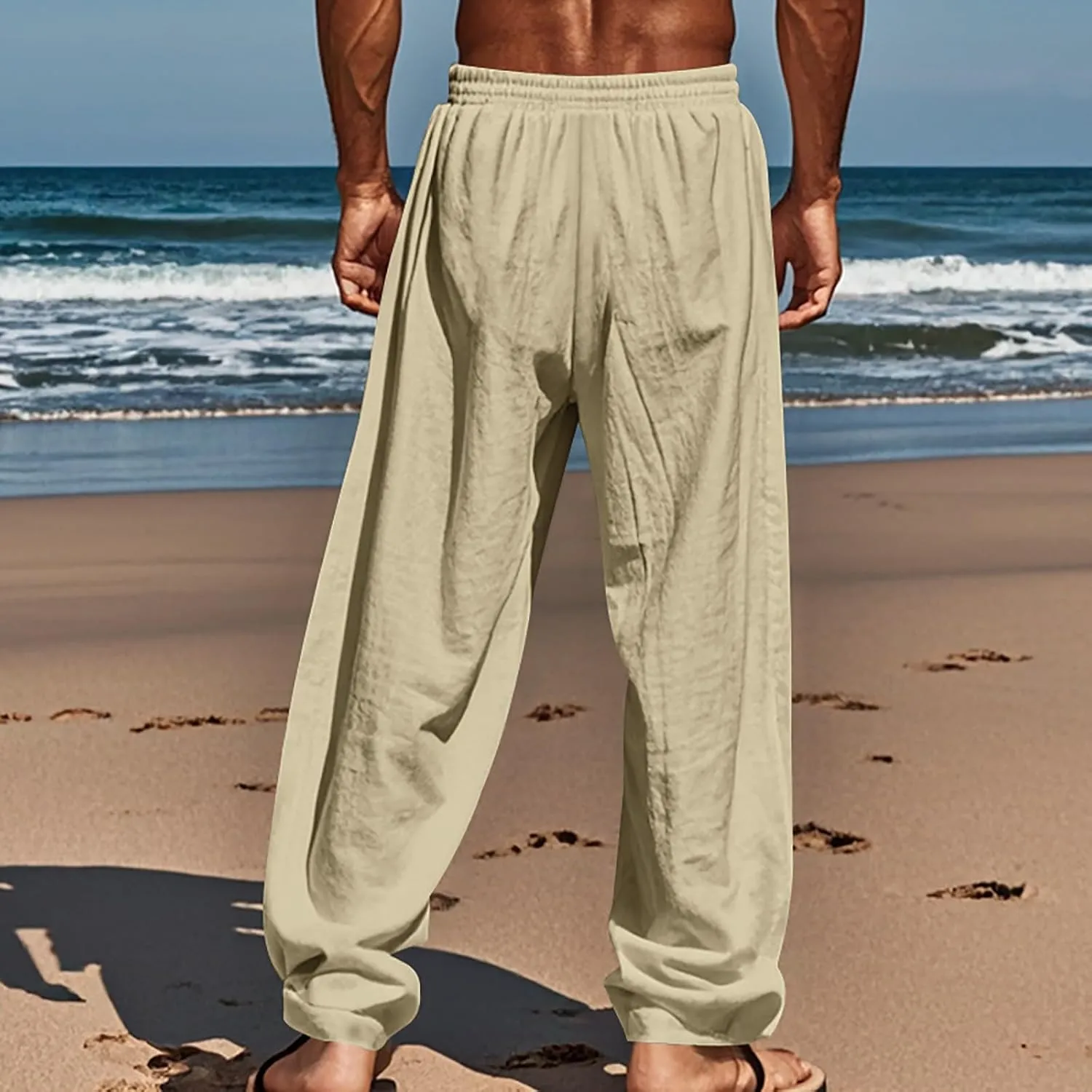 Men's Casual Linen Beach Pants Cotton Drawstring Strectch Trousers Lightweight Straight Leg Summer Casual Loose Pant