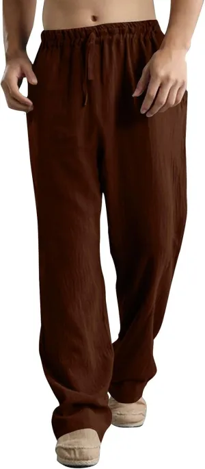 Men's Casual Linen Pants Elastic Waist Drawstring Beach Summer Pant Lightweight Straight Legs Loose Fit Trousers