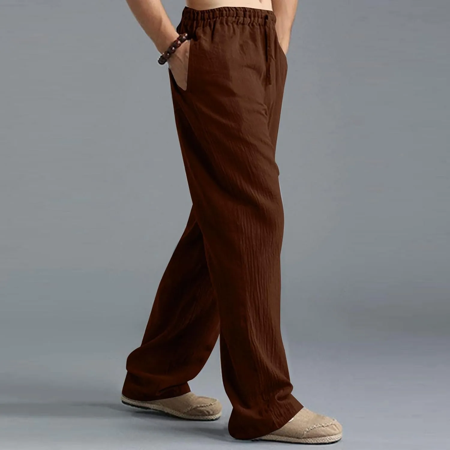 Men's Casual Linen Pants Elastic Waist Drawstring Beach Summer Pant Lightweight Straight Legs Loose Fit Trousers