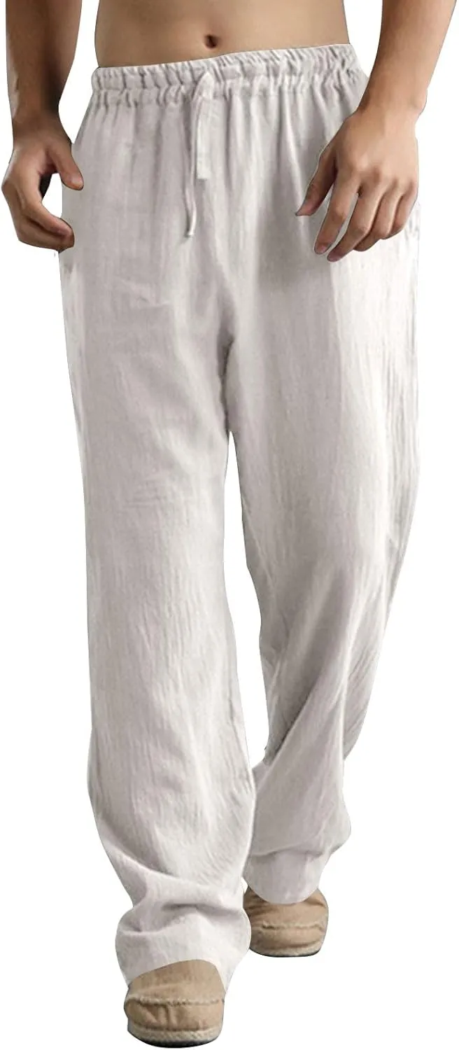 Men's Casual Linen Pants Elastic Waist Drawstring Beach Summer Pant Lightweight Straight Legs Loose Fit Trousers