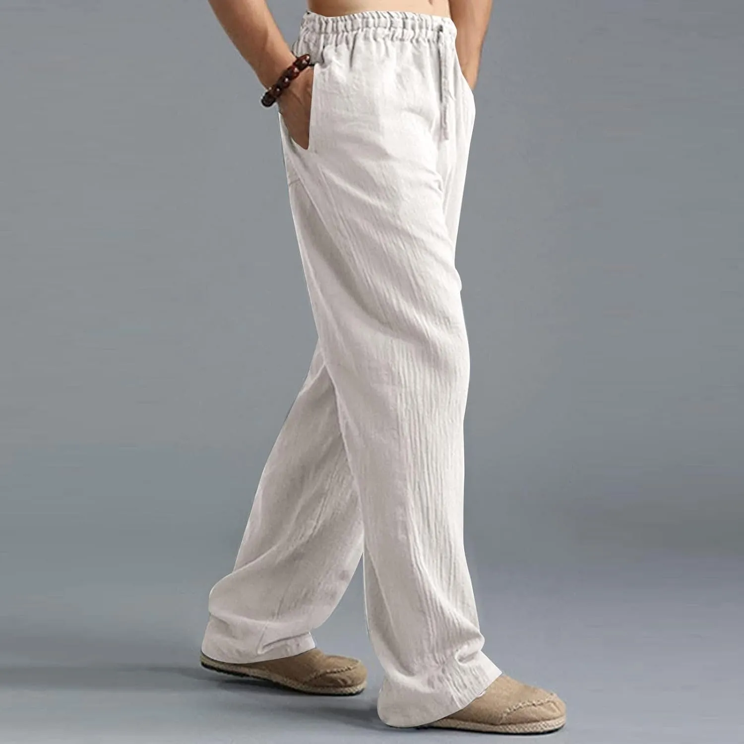 Men's Casual Linen Pants Elastic Waist Drawstring Beach Summer Pant Lightweight Straight Legs Loose Fit Trousers