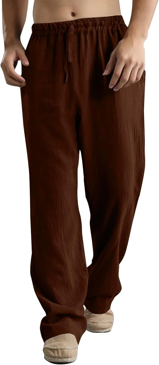 Men's Casual Linen Pants Elastic Waist Drawstring Beach Summer Pant Lightweight Straight Legs Loose Fit Trousers