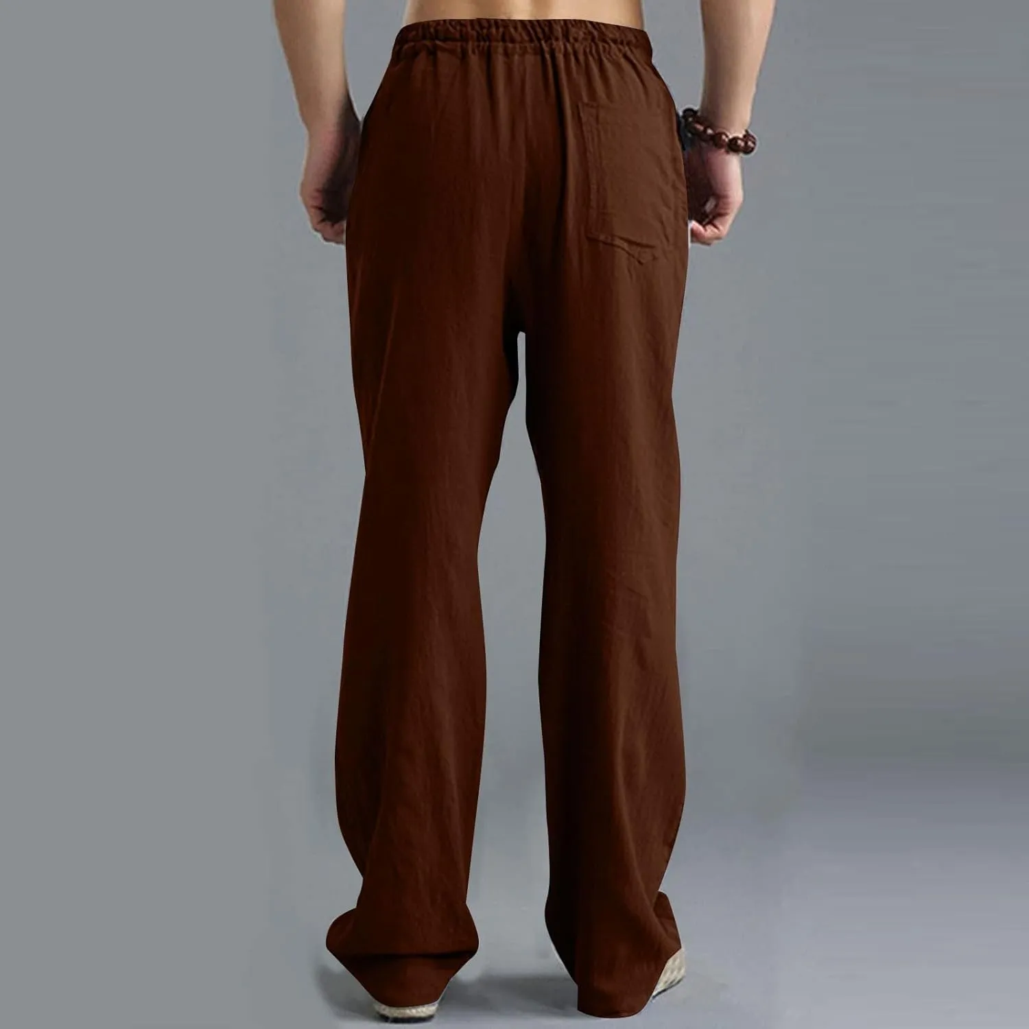 Men's Casual Linen Pants Elastic Waist Drawstring Beach Summer Pant Lightweight Straight Legs Loose Fit Trousers