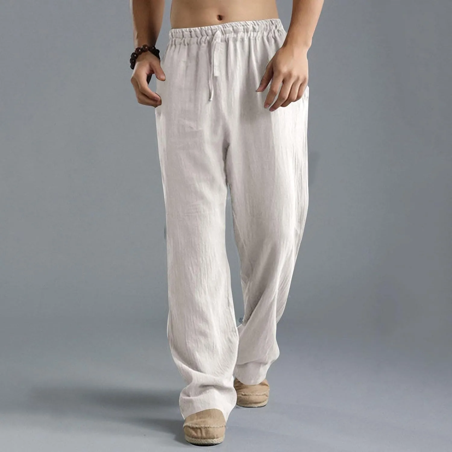 Men's Casual Linen Pants Elastic Waist Drawstring Beach Summer Pant Lightweight Straight Legs Loose Fit Trousers