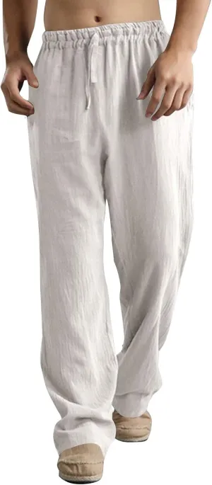 Men's Casual Linen Pants Elastic Waist Drawstring Beach Summer Pant Lightweight Straight Legs Loose Fit Trousers