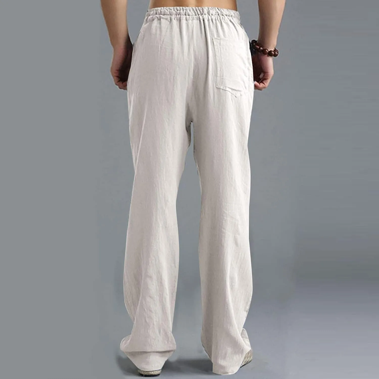 Men's Casual Linen Pants Elastic Waist Drawstring Beach Summer Pant Lightweight Straight Legs Loose Fit Trousers