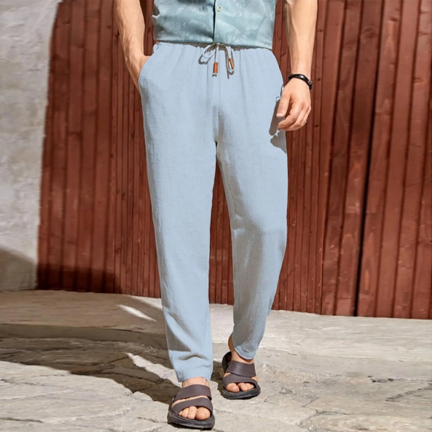 Mens Casual Linen Pants Elastic Waist Drawstring Summer Summer Yoga Beach Straight Pant Lightweight Loose Trousers