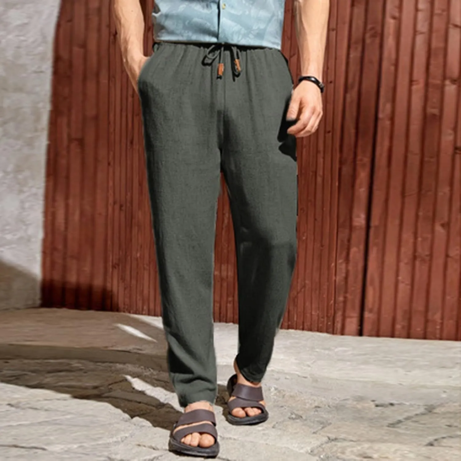 Mens Casual Linen Pants Elastic Waist Drawstring Summer Summer Yoga Beach Straight Pant Lightweight Loose Trousers