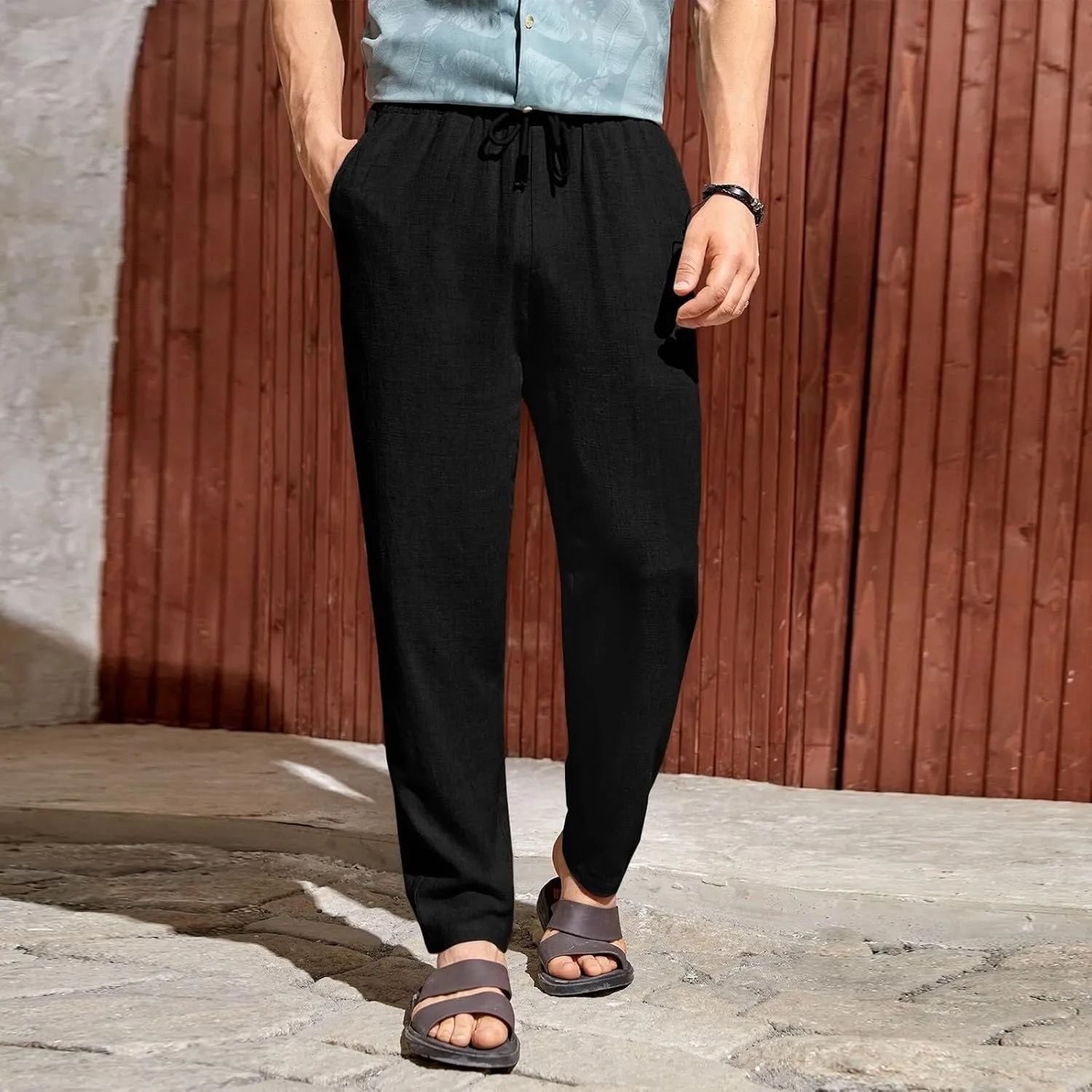 Mens Casual Linen Pants Elastic Waist Drawstring Summer Summer Yoga Beach Straight Pant Lightweight Loose Trousers