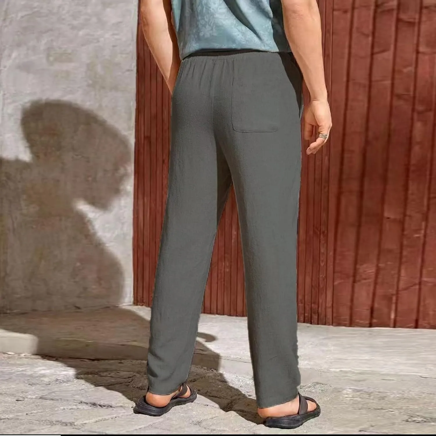 Mens Casual Linen Pants Elastic Waist Drawstring Summer Summer Yoga Beach Straight Pant Lightweight Loose Trousers