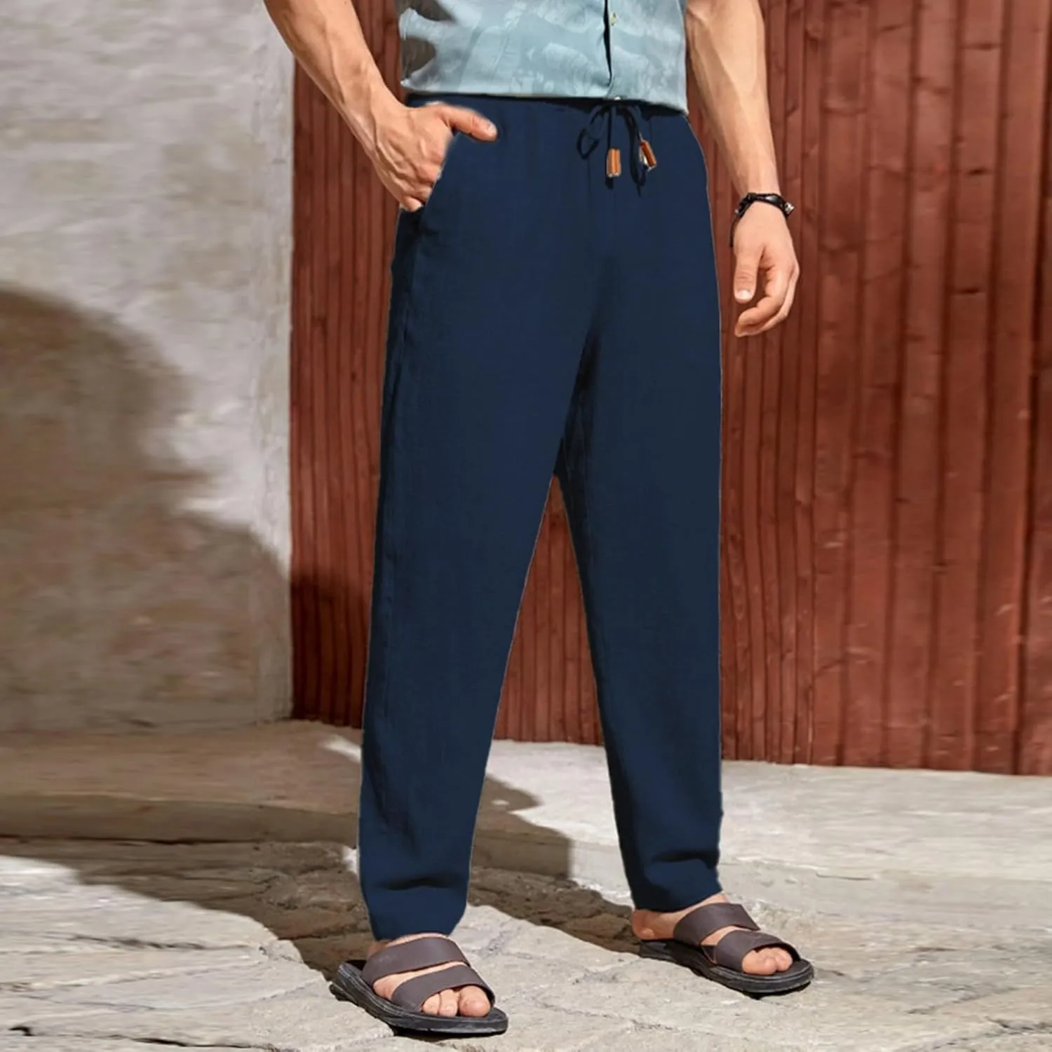 Mens Casual Linen Pants Elastic Waist Drawstring Summer Summer Yoga Beach Straight Pant Lightweight Loose Trousers