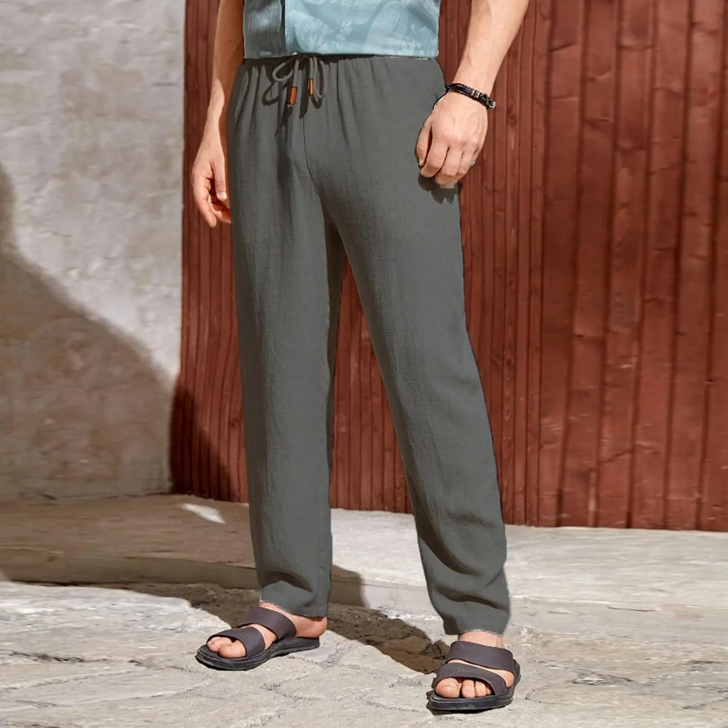 Mens Casual Linen Pants Elastic Waist Drawstring Summer Summer Yoga Beach Straight Pant Lightweight Loose Trousers