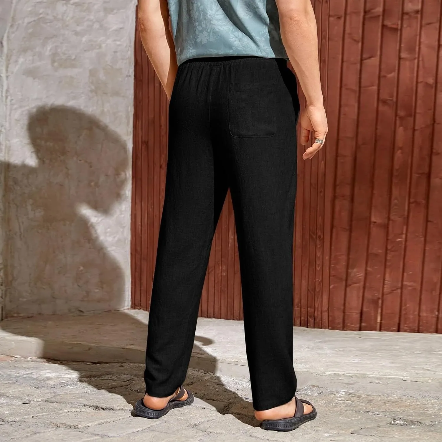 Mens Casual Linen Pants Elastic Waist Drawstring Summer Summer Yoga Beach Straight Pant Lightweight Loose Trousers