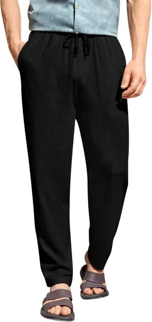 Mens Casual Linen Pants Elastic Waist Drawstring Summer Summer Yoga Beach Straight Pant Lightweight Loose Trousers