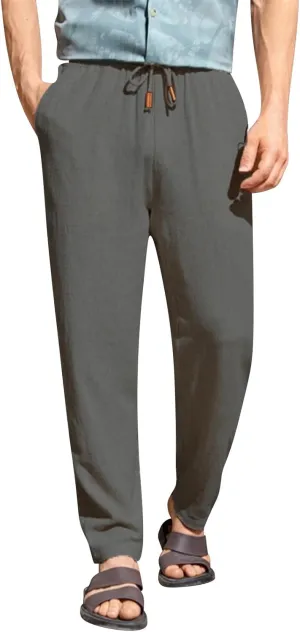 Mens Casual Linen Pants Elastic Waist Drawstring Summer Summer Yoga Beach Straight Pant Lightweight Loose Trousers