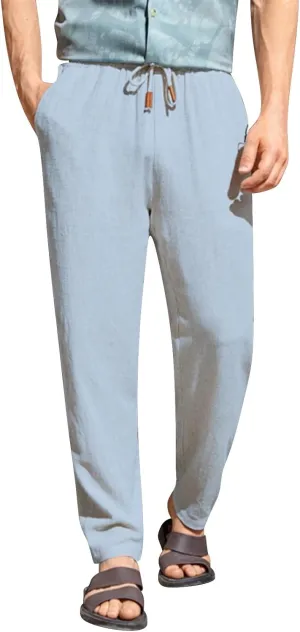 Mens Casual Linen Pants Elastic Waist Drawstring Summer Summer Yoga Beach Straight Pant Lightweight Loose Trousers