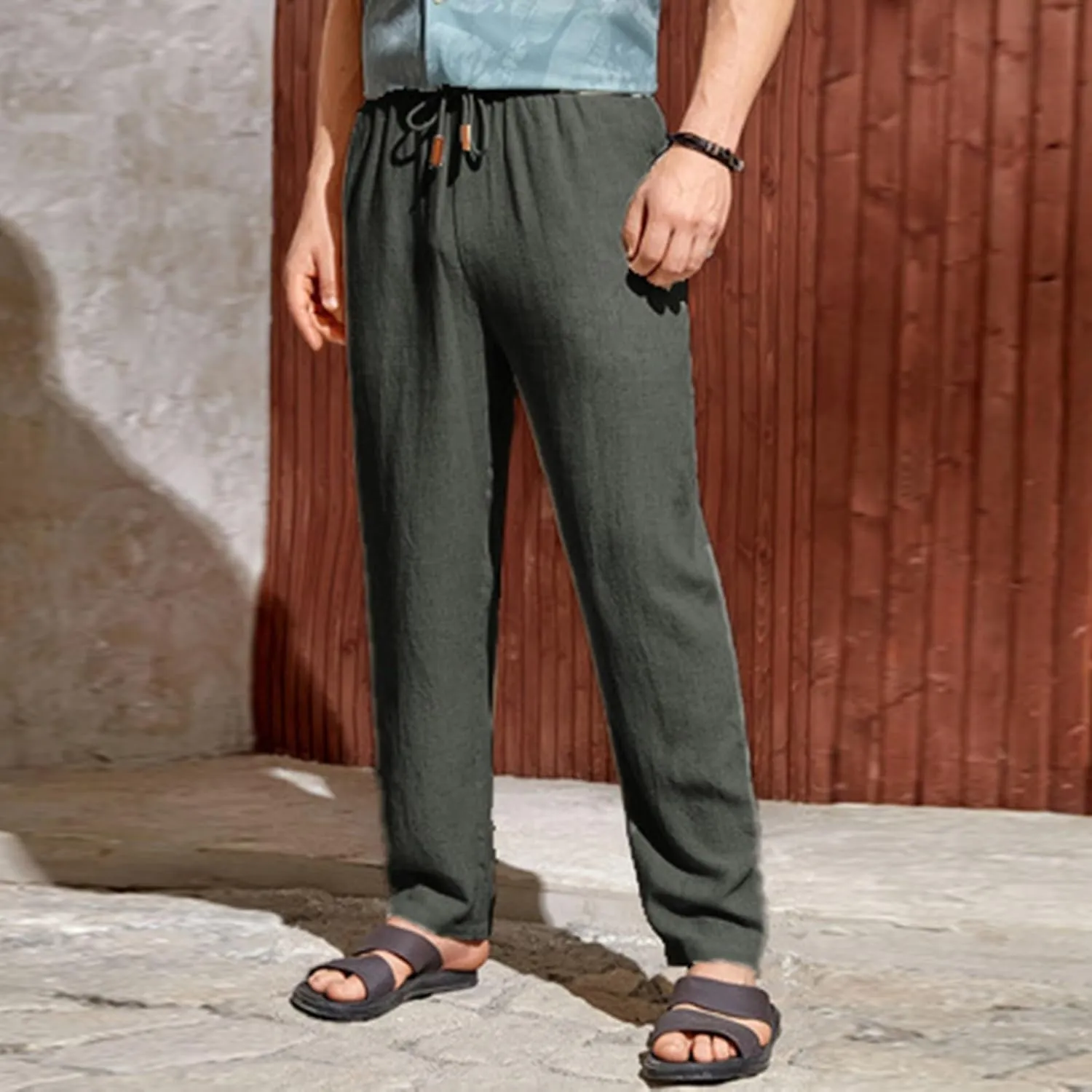 Mens Casual Linen Pants Elastic Waist Drawstring Summer Summer Yoga Beach Straight Pant Lightweight Loose Trousers