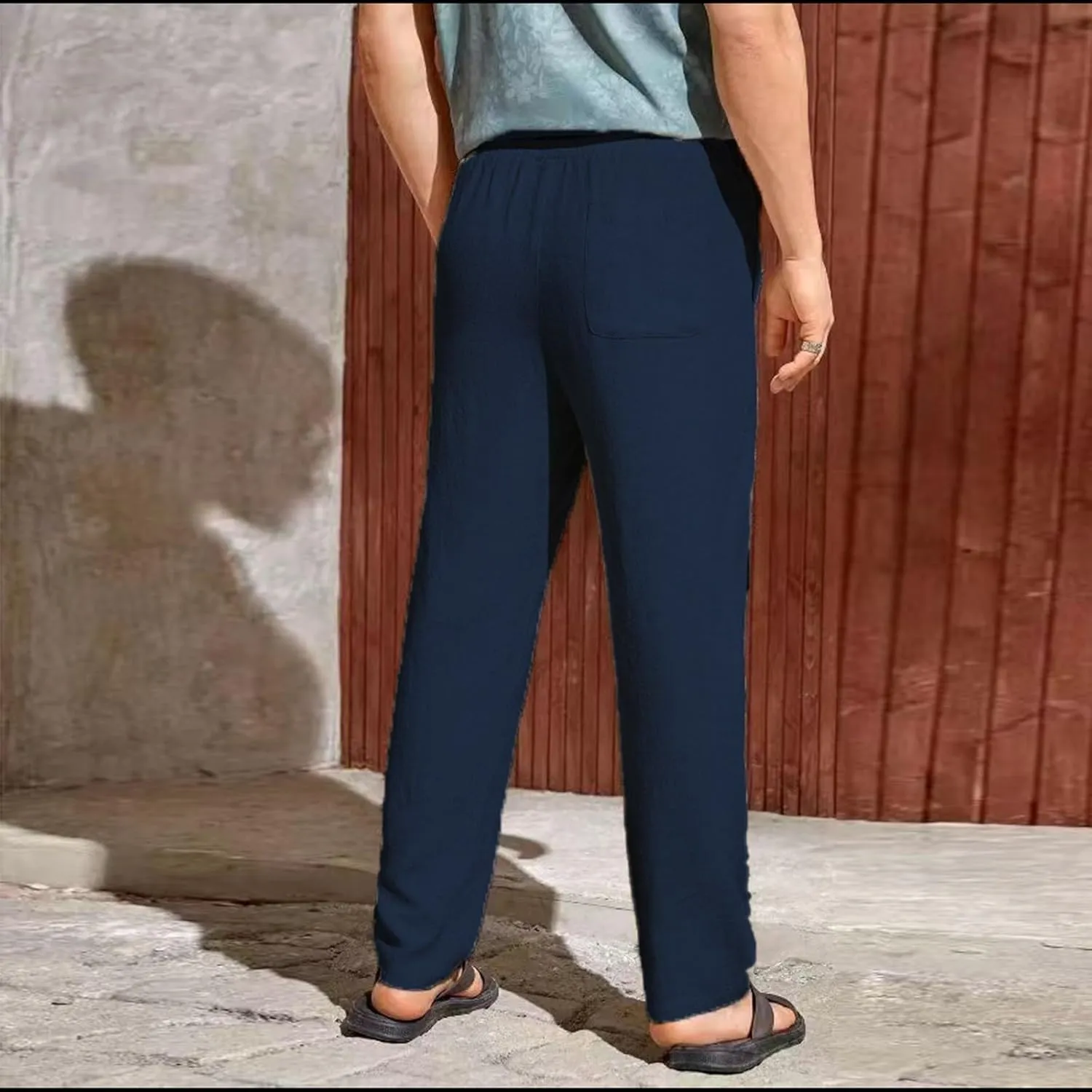 Mens Casual Linen Pants Elastic Waist Drawstring Summer Summer Yoga Beach Straight Pant Lightweight Loose Trousers