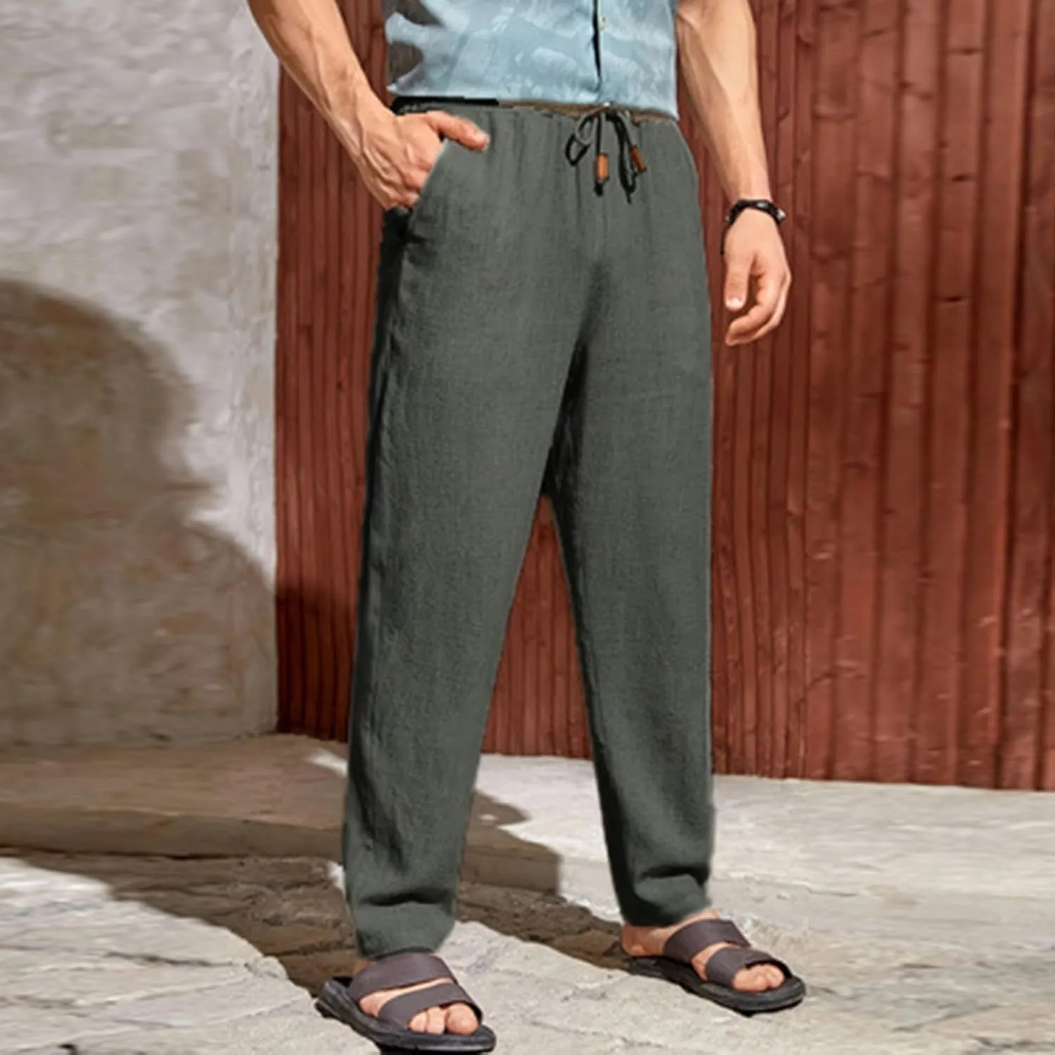 Mens Casual Linen Pants Elastic Waist Drawstring Summer Summer Yoga Beach Straight Pant Lightweight Loose Trousers