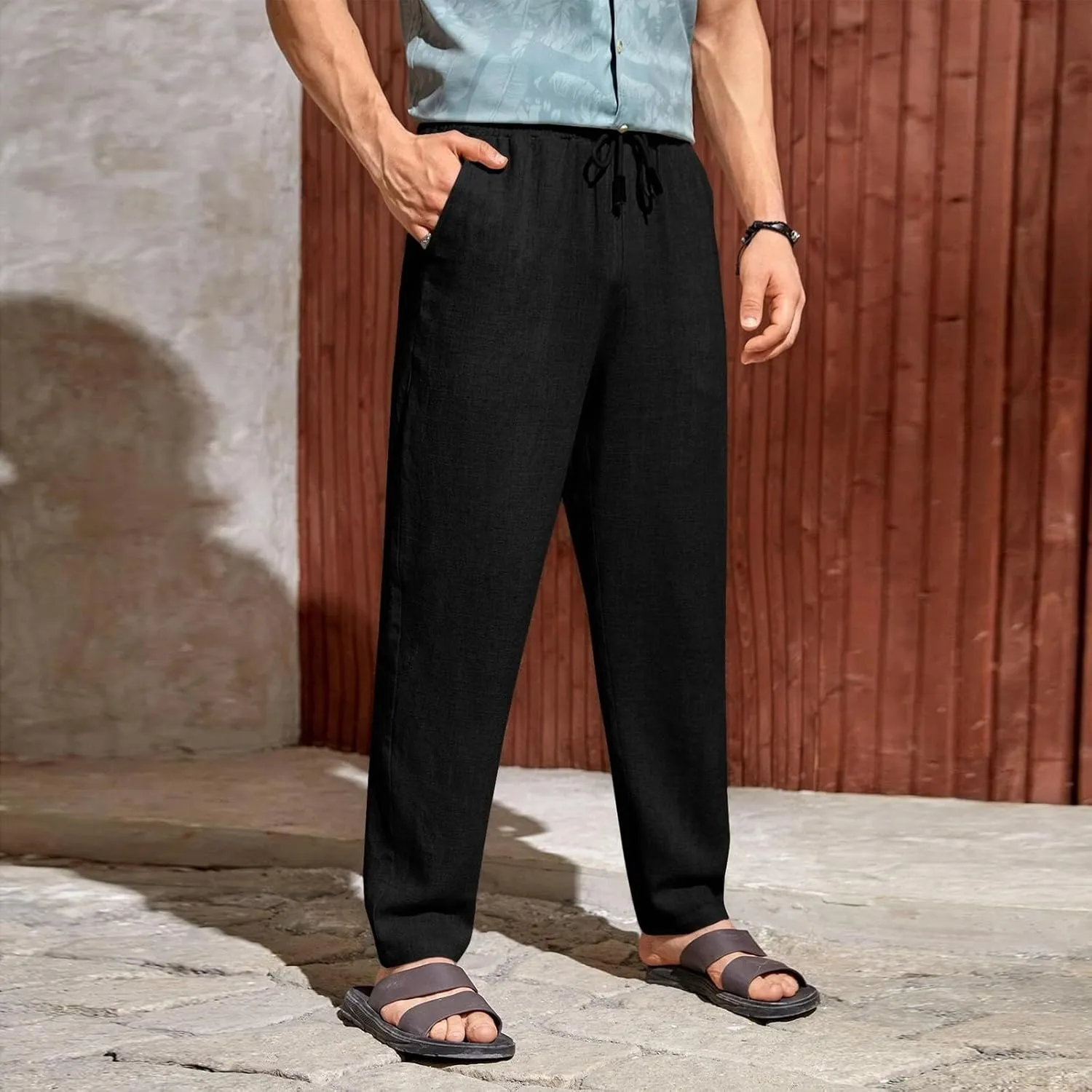 Mens Casual Linen Pants Elastic Waist Drawstring Summer Summer Yoga Beach Straight Pant Lightweight Loose Trousers