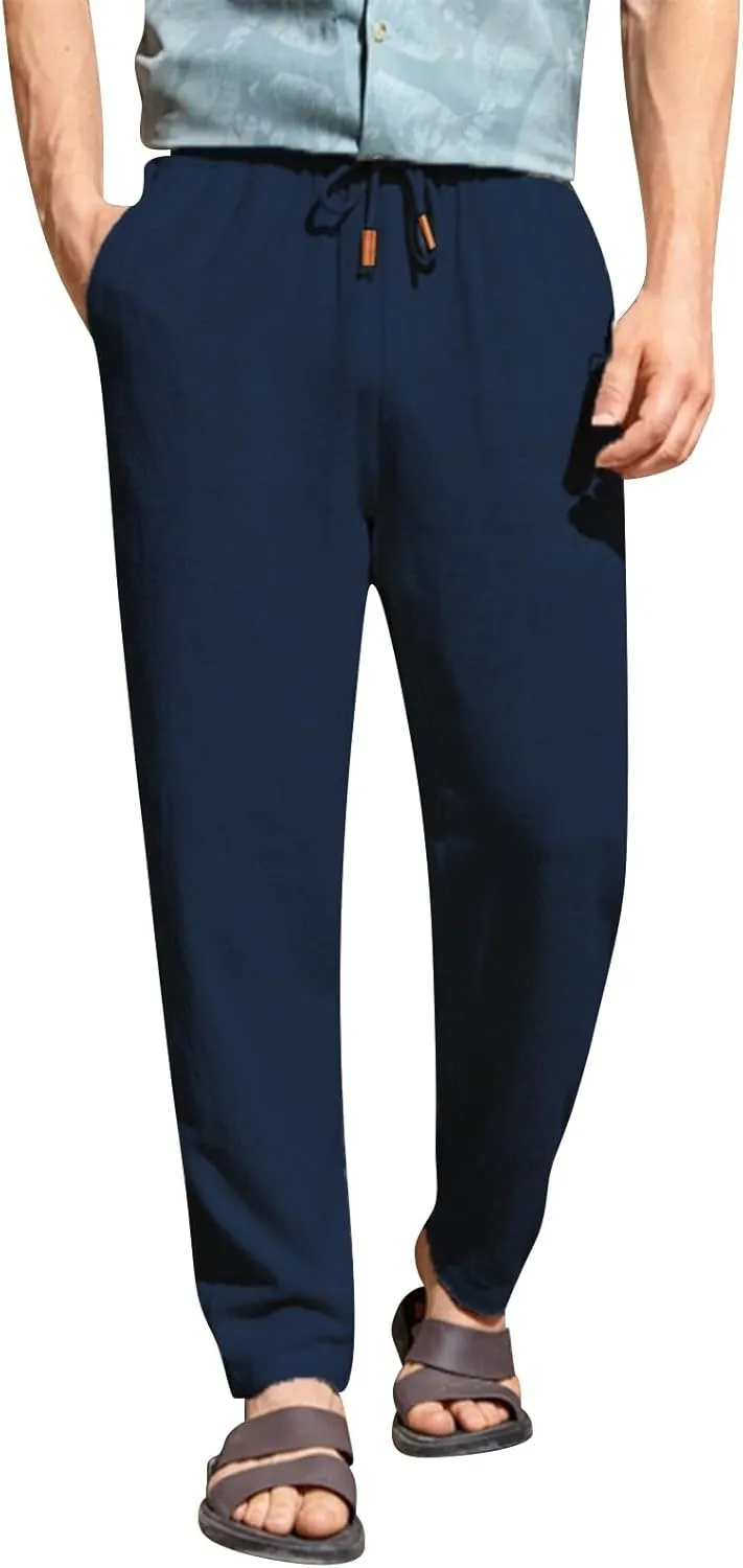 Mens Casual Linen Pants Elastic Waist Drawstring Summer Summer Yoga Beach Straight Pant Lightweight Loose Trousers
