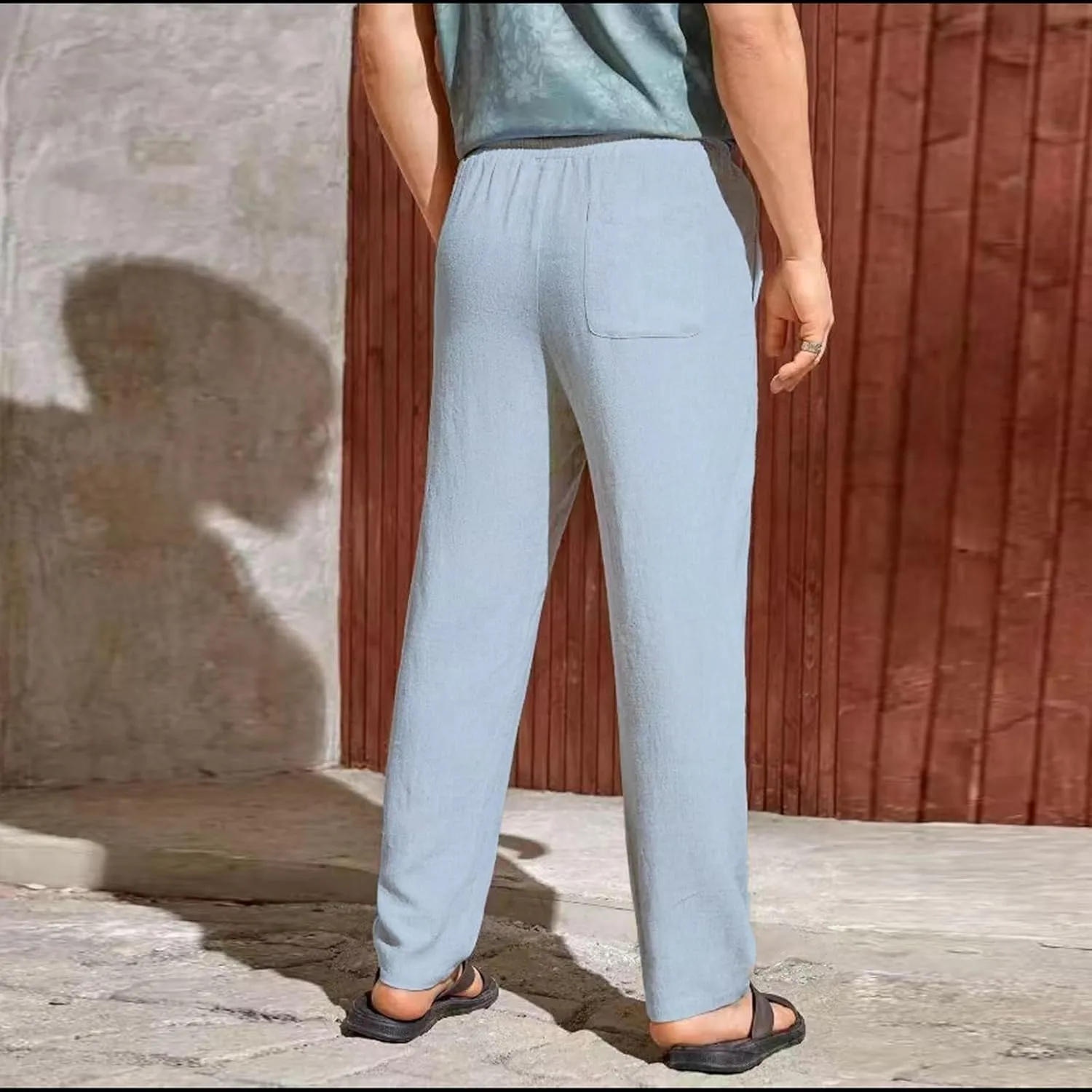 Mens Casual Linen Pants Elastic Waist Drawstring Summer Summer Yoga Beach Straight Pant Lightweight Loose Trousers
