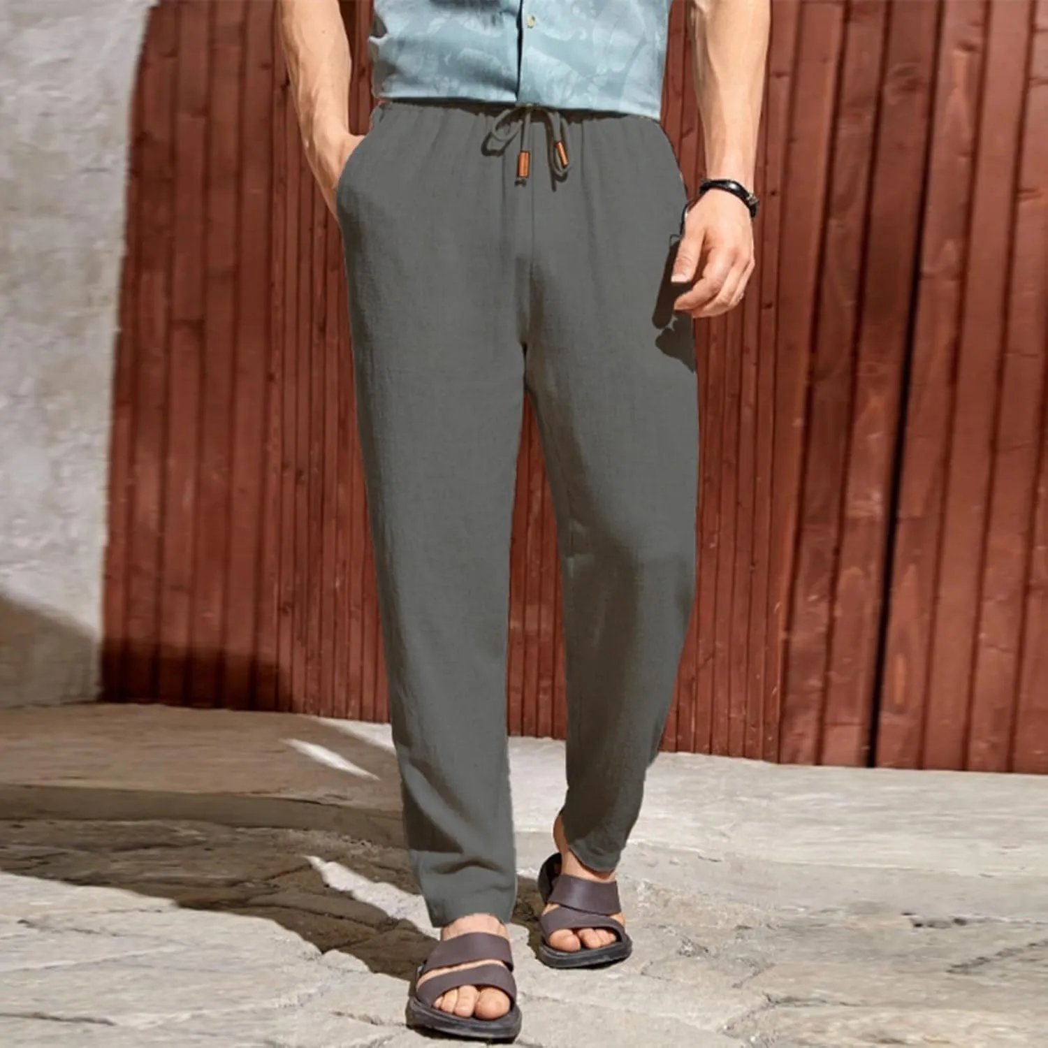 Mens Casual Linen Pants Elastic Waist Drawstring Summer Summer Yoga Beach Straight Pant Lightweight Loose Trousers