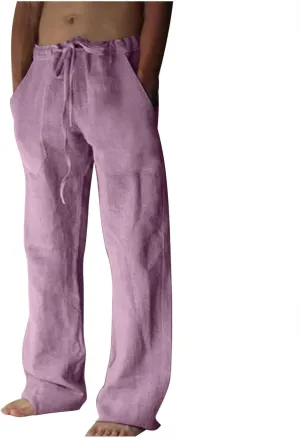 Mens Casual Pants Linen Pants Relaxed-Fit Beach Pants Summer Yoga Pants Drawstring Elastic Waist Pants