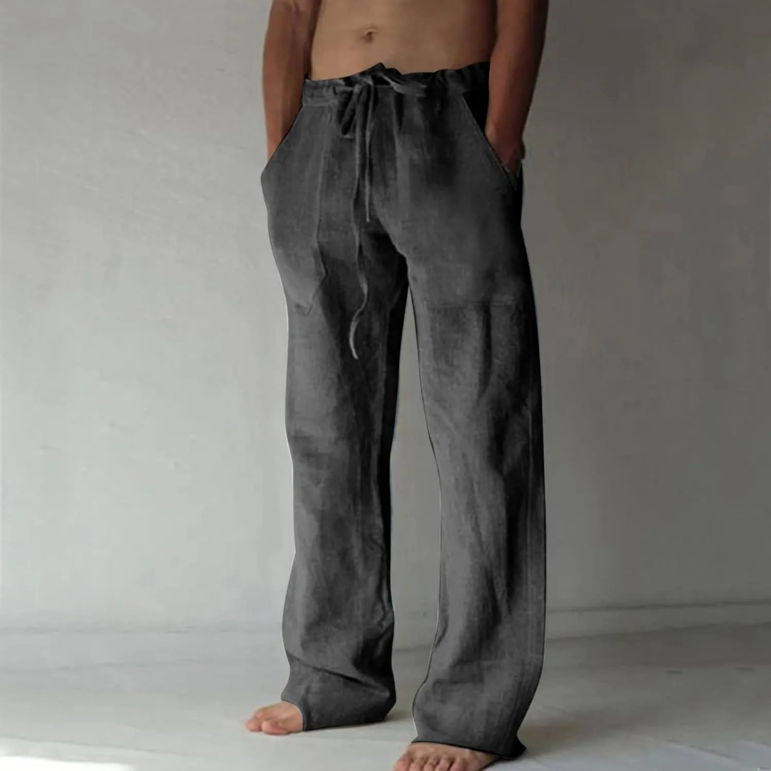 Mens Casual Pants Linen Pants Relaxed-Fit Beach Pants Summer Yoga Pants Drawstring Elastic Waist Pants