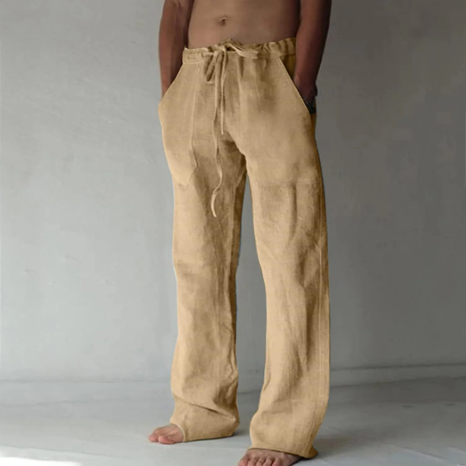 Mens Casual Pants Linen Pants Relaxed-Fit Beach Pants Summer Yoga Pants Drawstring Elastic Waist Pants