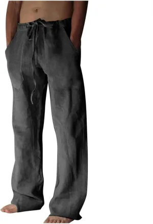 Mens Casual Pants Linen Pants Relaxed-Fit Beach Pants Summer Yoga Pants Drawstring Elastic Waist Pants