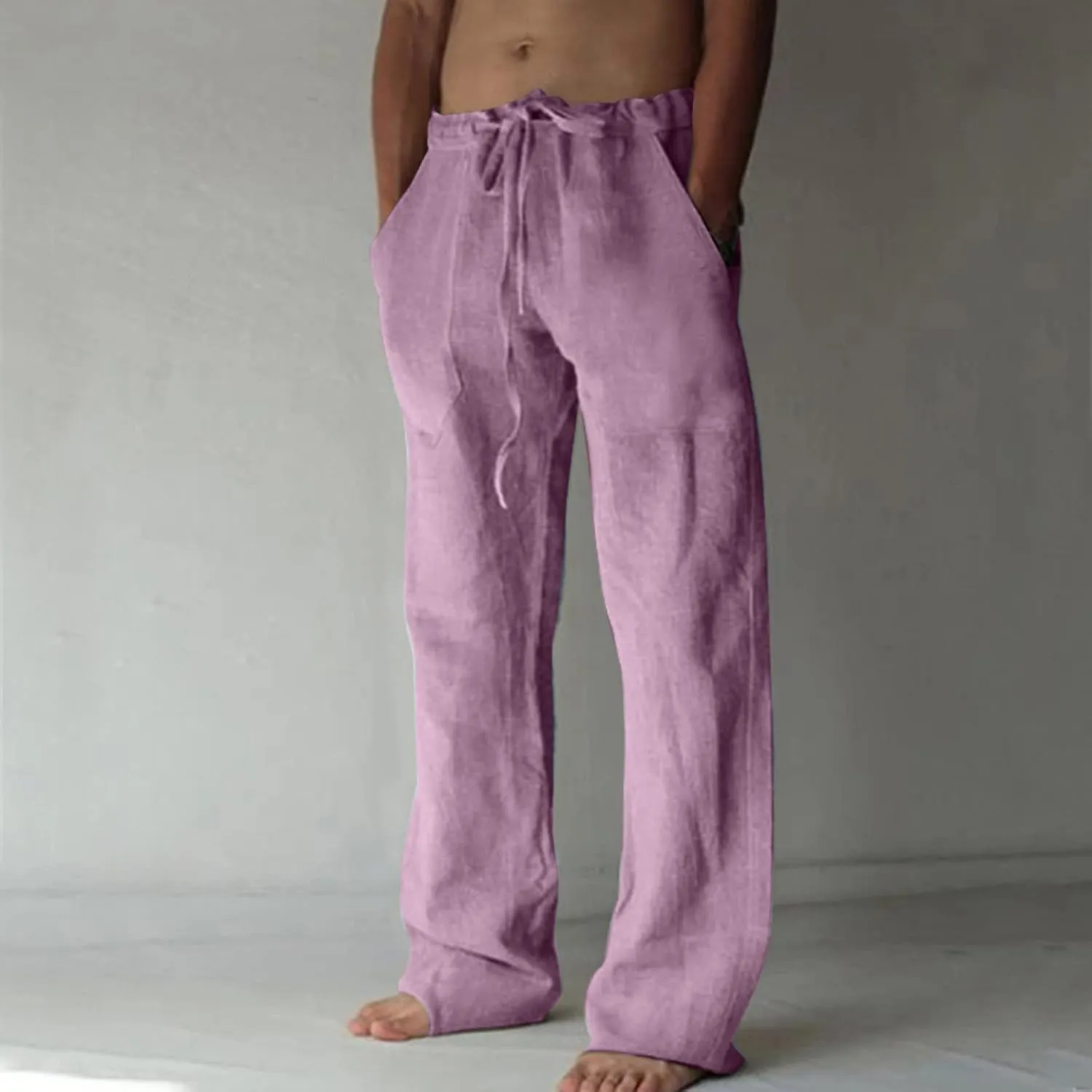 Mens Casual Pants Linen Pants Relaxed-Fit Beach Pants Summer Yoga Pants Drawstring Elastic Waist Pants
