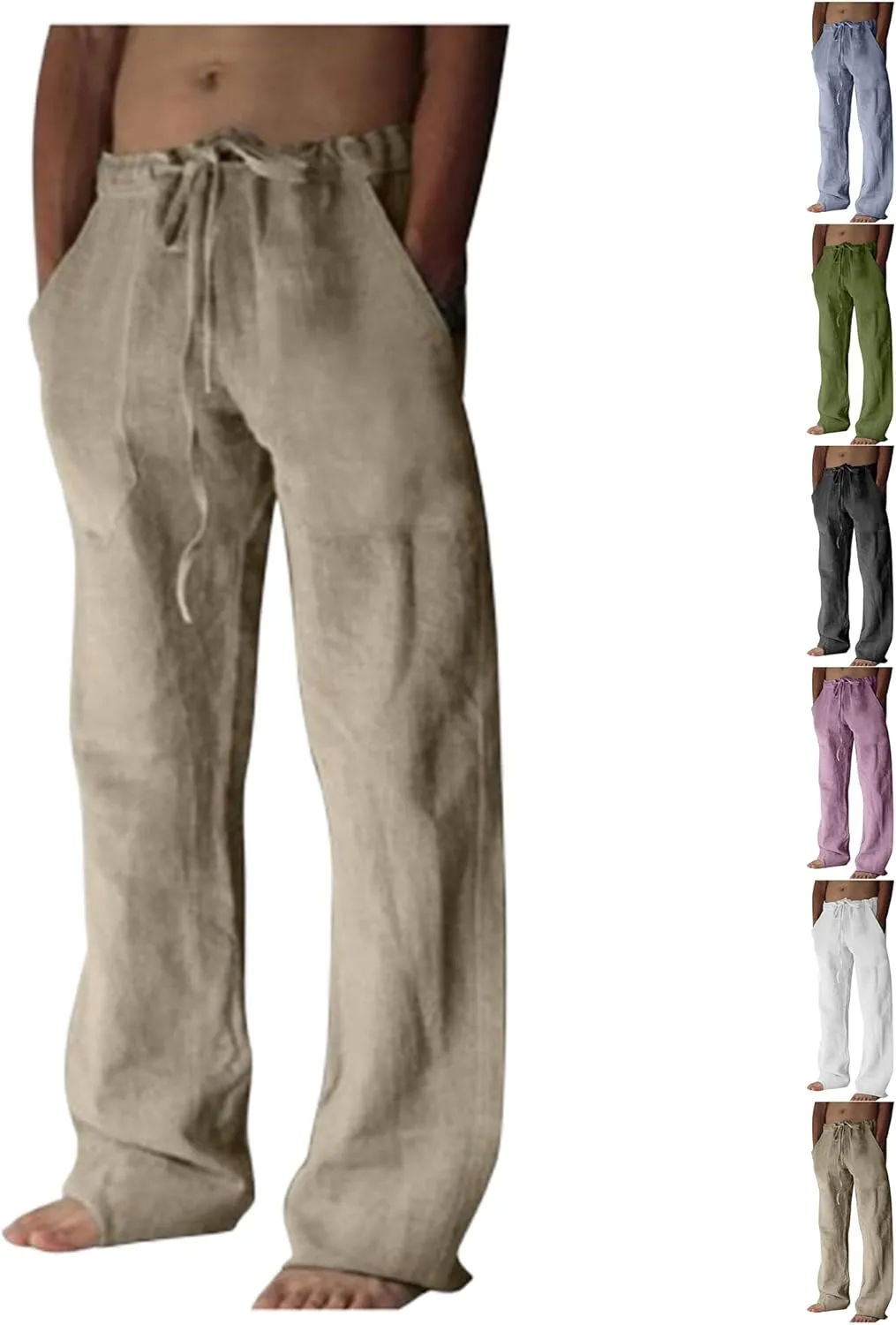 Mens Casual Pants Linen Pants Relaxed-Fit Beach Pants Summer Yoga Pants Drawstring Elastic Waist Pants